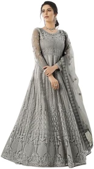 Nir FashionWomen Net Embroidered Semi Stiched Gown (PL-ALYA-MALYA-Gown-Grey_Grey_Free Size)