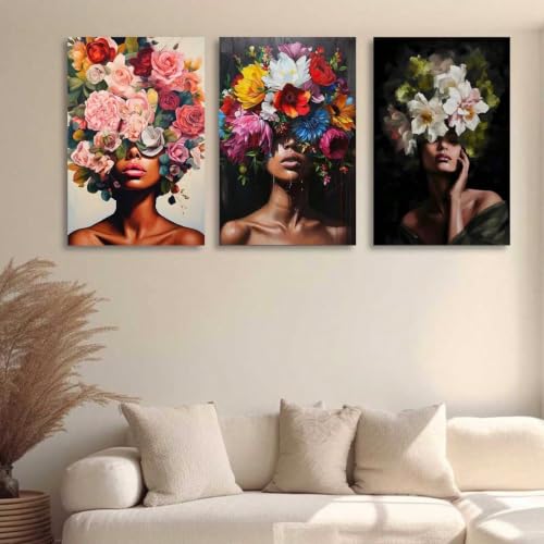 Portraits floraux de femmes sur toile lot de 3 pour décoration murale esthétique du salon