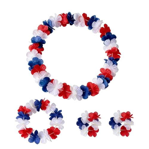 Bllavie 4Pack US Flag Flower Leis Patriotic Flower Lei for 4th of July,Red White and Blue Hawaiian Necklace,Memorial Day Celebration Accessories for Parades Hawaiian Leis Bulk Decorations