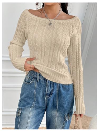 Image of MakeMeChic Women's Off The Shoulder Sweater Cable Knit Long Sleeve Ribbed Fall Going Out Tops Sweater Pullover
