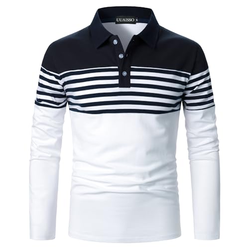 UUAISSO Polo à Manches Longues pour Homme Polo à Rayures Couleur Contrastée Coupe Ajustée Coton Golf Polos Bleu Marine + Blanc L