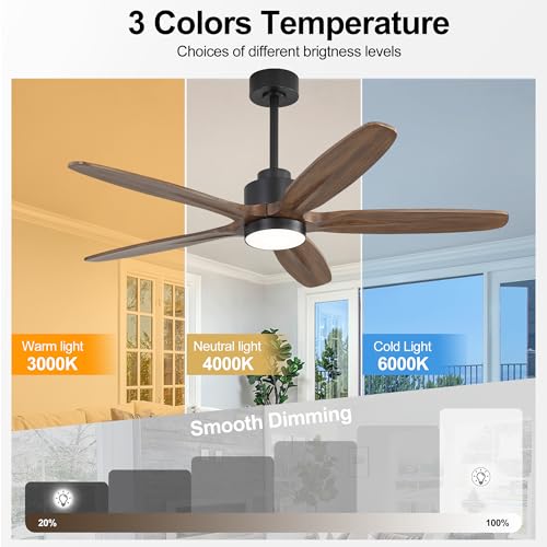Image of WINGBO 54 inch Ceiling Fan with Light - 5 Carved Solid Wood Blades, 6-Speed Reversible DC Motor, Dimmable, 3CCT, Noiseless Remote Control Ceiling Fans with Lights for Bedroom Living Room, Black and Wood