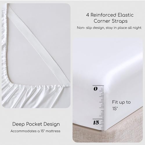Image of MR&HM Satin Bed Sheets, Queen Size Sheets Set, 4 Pcs Silky Bedding Set with 15 Inches Deep Pocket for Mattress (Queen, White)