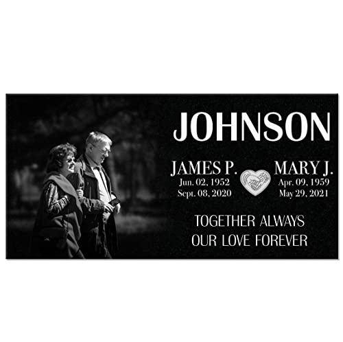 Image of 16x8 Double Headstones for Graves, Granite Memorial Stones for Couples, Companion Flat Grave Markers for Cemetery for Humans, Customized Outdoor Memorial Plaques for Two,Gravestones w / Porcelain Photo