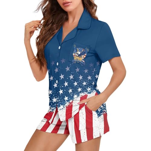 Image of Women's Short Sleeve Sleepwear Button 2 Piece Plus Size Pajamas Casual Soft Stretchy Funny Nightwear with Pockets