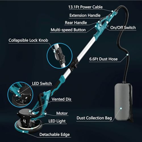 Image of Drywall Sander, 1250W 11.5-Amp Electric Drywall Sander with Vacuum, Popcorn Ceiling Removal Tool with Variable Speed 800-1800RPM, Foldable & Extendable Handle, LED Light, 18pcs Sanding Discs