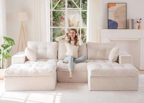 Image of MAXYOYO 104 inch U Shaped Modular Sectional Sofa with 2 Ottomans, Cloud Boneless Couch with Layered Cushion, Flexible Module Combination Sofa for Living Room, No Assembly Required, Beige