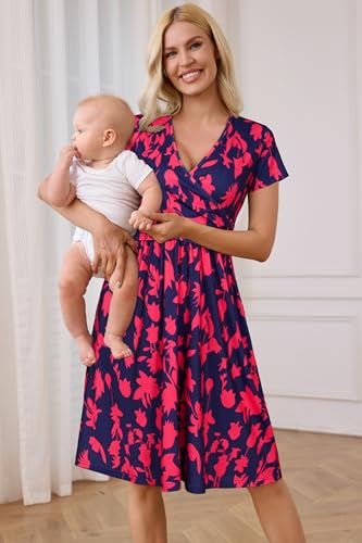 Image of OUGES Maternity Nursing Dress Breastfeeding Short Sleeve V Neck Casual Pregnancy Clothes with Pockets