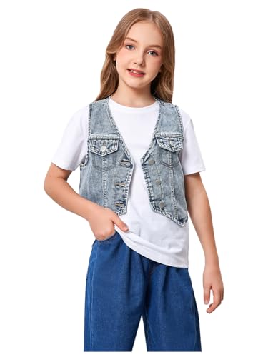 GORGLITTER Girl's Denim Vest Button Down Flap Pocket V Neck Jean Jacket