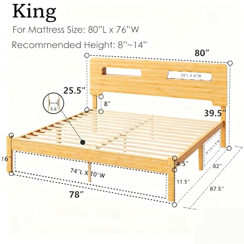 Image of ZIYOO King Size Bamboo Bed Frame with Storage Headboard, 14 Inch | Heavy Duty No Box Spring Needed Easy Assembly No Noise Modern Style for Bedroom Hotel Guest House