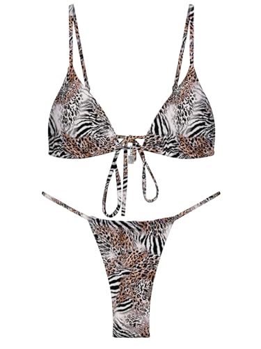 Image of OWICA Women's Sexy Triangle Bikini Sets Cheeky Thong Swimsuit Adjustable Spaghetti Straps Bathing Suit