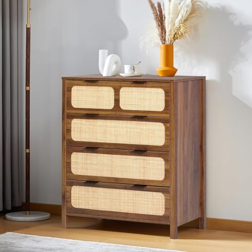 Moderna cómoda de ratán con 6 cajones, estilo granja, almacenamiento de madera para dormitorio y sala de estar, diseño elegante con asas de metal