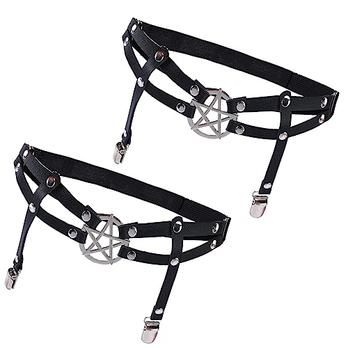 Yolev Leder Bein Strumpfband 2 Stück Schwarz Gothic Strumpfhalter Doppellagig Verstellbar Oberschenkel Strumpfband mit Rutschfesten Clips Damen...