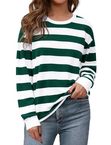 Aottori Sudadera Mujer A Rayas Algodón Camiseta Manga Larga con Cuello Redondo Tops Oversize Casual Básica Sweatshirts sin Capucha Otoño Invierno Verde L