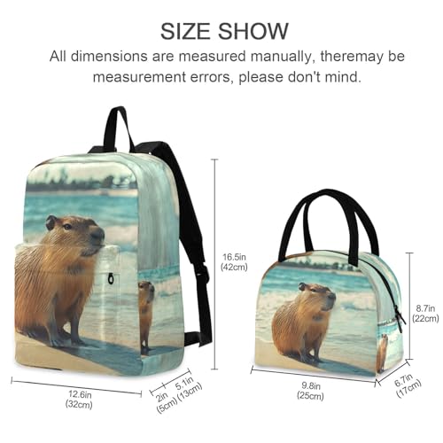 Backpack Lunch Box Set Large Capacity Travel Backpacks and Insulated Lunch Bag for Commute Hiking Picnic Beach Capybara Print2