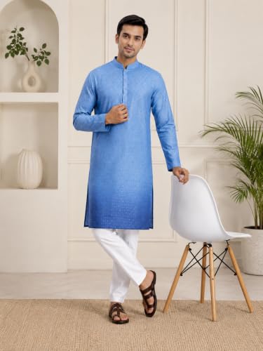 Image of Vardha Men's Cotton Chikankari Embroidered Kurta with Full Sleeves and Knee Length Design and Elegant Sequence Work | Kurta for Men
