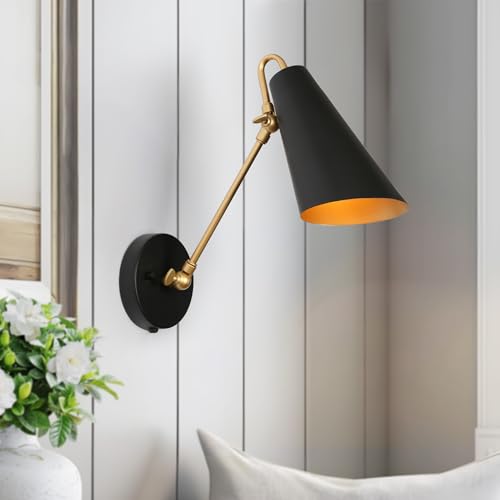 KSANA Swing Arm Wall Lamp, Black and Gold Plug in or Hardwired Wall Sconces, Modern Adjustable Arm...