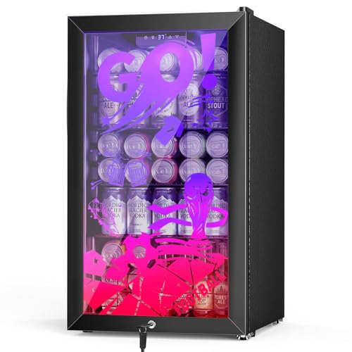 Image of Beverage Refrigerator for World Cup with LED Light Up Door - 128 Can Freestanding 17 inch Small Drink Fridge, Mini Beer Cooler with 4 Removable Shelves, Safety Lock for Party Bar Gaming Room