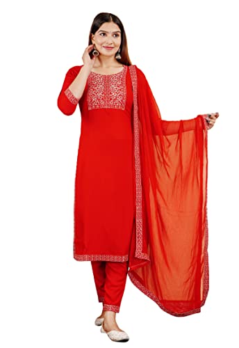 Indian Women's Tunic Tops Straight Rayon Red Kurtis Pant Sets W Nazmeen Dupatta/A-Line Kurti Tunics