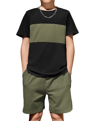 Image of Arshiner Boys' 2-Piece Cotton Outfit Color Block T-Shirt and Shorts Set Summer Camo Clothes for Kids 5-14 Years