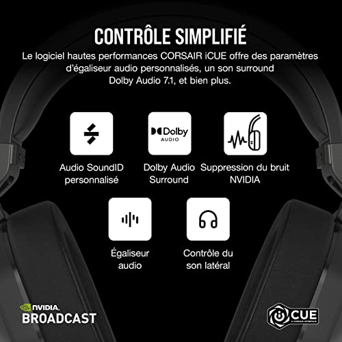 Corsair HS65 Wireless Casque Gaming - Faible Latence 2,4 Ghz sans Fil ou Bluetooth, Son Surround Dolby® Audio 7.1, Légère, Microphone Omnidirectionnel, Commandes Audios Accessibles - Noir
