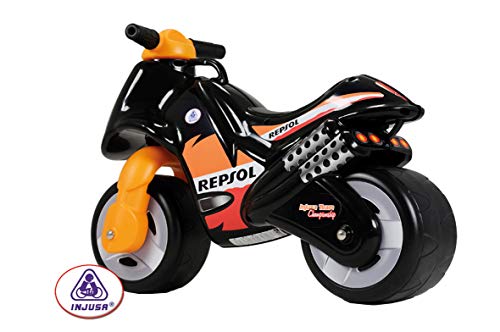 INJUSA - Moto Correpasillos Neox Repsol Color Negro con Decoración Permanente Ruedas Anchas de Plástico y Asa de Transporte para los Padres Recomendado a Niños +18 Meses