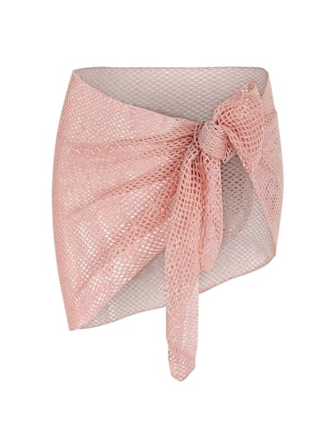 Image of ZAFUL Sarong Coverups for Women Beach Vacation Fishnet See Thru Tie Side Bathing Suit Cover Up Mini Skirt (1-Light Red, One Size)