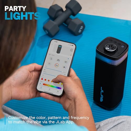 Image of JLab JBuds Party Portable Bluetooth Speaker, 2 Full-Range Drivers + 2 Passive Woofers, IP56 Waterproof, 12 Hours Playtime, Connect Multiple Speakers, Custom Sound + RGB Lighting via App, Black