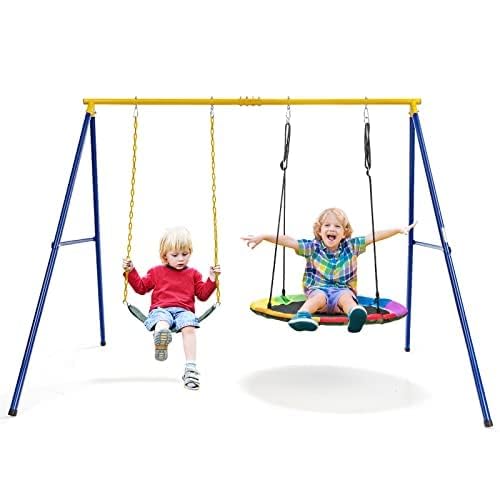 RELAX4LIFE Juego de Columpio Infantil con 2 Asientos, Marco de Metal y Cuerda Ajustable, Columpio con 4 Estacas y 4 Pies Antideslizantes para Niños 3+ Años y Adultos, Carga 300kg, 249x185x181,5cm