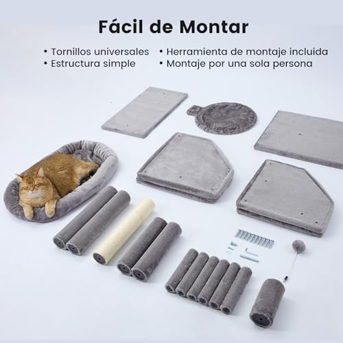 Gardner Pet Rascador para Gatos de 105 cm con Poste de Sisal, Árbol para Gatos Ultra-Estable de 4 Niveles con Diseño Anti-Oscilante, Posaderos Superiores Lavables, Castillo para Gato, Gris - imagen 5