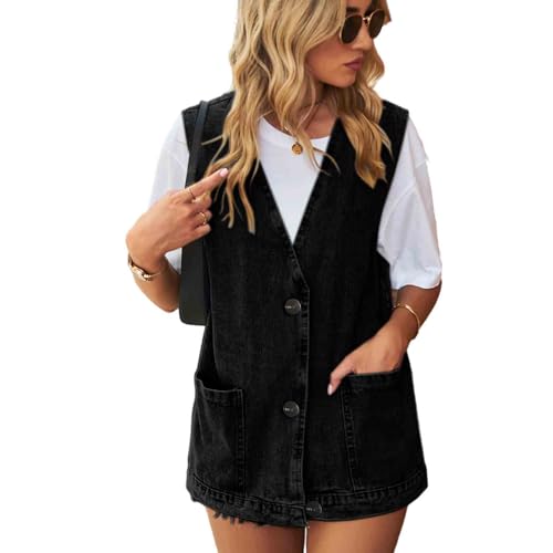 BXCNCKD Women's Oversized Denim Vest Mid Long Jean Vest Sleeveless Jackets Fashion Sleeveless Denim Vest