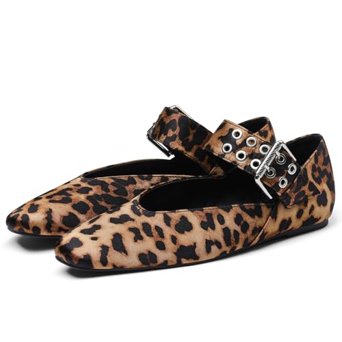Ballet Flats for Women Square Toe Ballerina Flats Buckle Strap Leopard Print Flats Casual Dress Mary Janes Comfortable Dressy Shoes