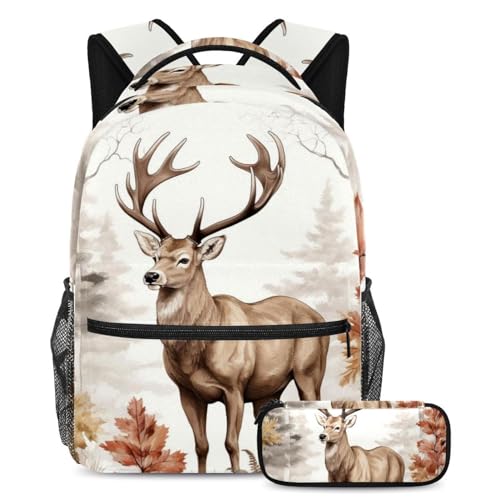 Ensemble de 2 cartables pour enfants Beau cerf avec sac à dos grande capacité et trousse assortie