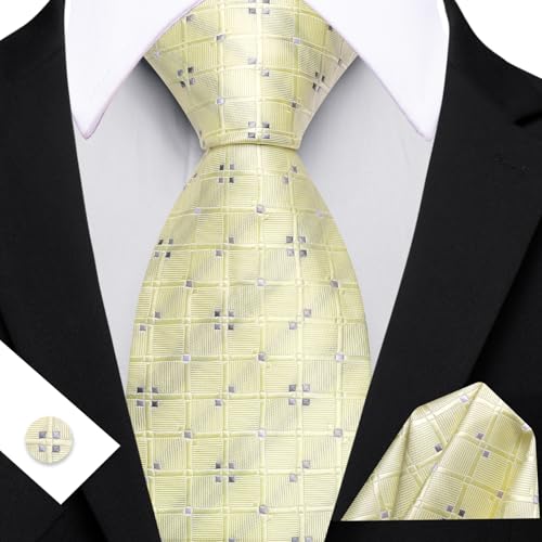 Image of YOHOWA Men Plaid /Striped Ties Set Silk Business Wedding Formal Fashion Necktie and Pocket Square Cufflinks Set