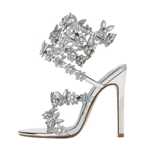 Sandales à strass de soirée chics avec talons aiguilles fleuris pour les mariages