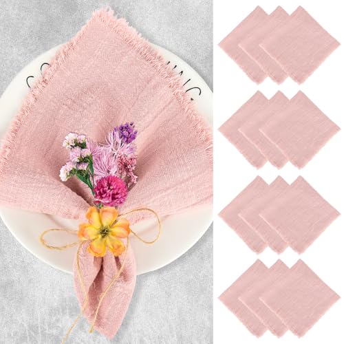 12 tovaglioli in tessuto, 42 x 42 cm, in cotone e lino con frange, tovaglioli rustici, lavabili in mussola per matrimoni, compleanni e decorazioni da tavolo (rosa)