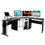 LUCKYERMORE 71" L-Shaped Gaming Desk -Large Desktop 22” Wide Wood Curved Corner Desk -Sturdy Compute