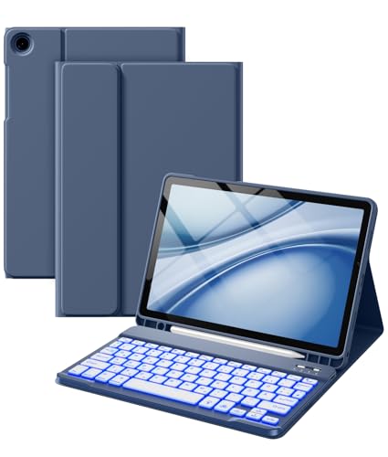 Vobafe Hülle mit Tastatur für Samsung Galaxy Tab A11+ Plus 11 Zoll 2025 / Tab A9+ Plus 2023 7 Farben Beleuchtete mit Abnehmbare Tastatur TPU Rückschale mit Stifthalter QWERTZ Blaugrau