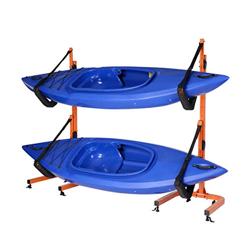 RAD Sportz Kayak Storage Rack - Freestanding Kayak Stands with Padded Arms and Adjustable Straps - Holds 2 Canoes, SUP, or Paddleboards (Orange)