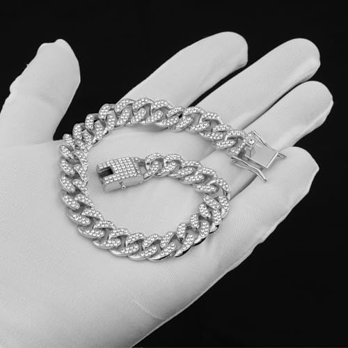 Image of Silver Dog Chain Diamond Collar Walking Metal Chain Collar with Secure Buckle, Pet Cuban Style Collar Jewelry Accessories for Small Medium Large Dogs, Available in Pet Gift (Silver, 12inch)