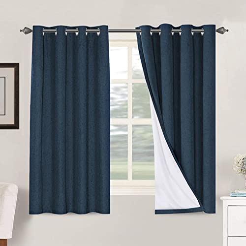 Image of H.VERSAILTEX Linen Blackout Curtains 63 Inches Long 100% Absolutely Blackout Thermal Insulated Textured Linen Look Curtain Draperies Anti-Rust Grommet, Energy Saving with White Liner, 2 Panels, Navy