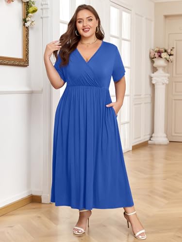 Image of BELAROI Womens Plus Size Maxi Dress Summer Wrap V Neck Flowy Long Sundress Beach Dresses with Pockets