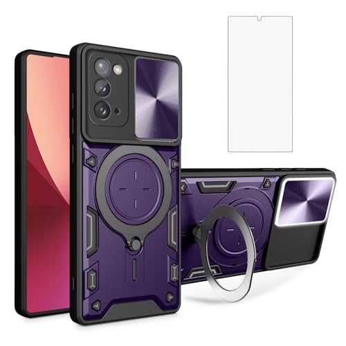Asuwish Phone Case for Samsung Galaxy Note 20 5G Slide Camera Cover with Tempered Glass Screen Protector and Ring Holder Hybrid Mobile Cell Accessories Note20 Notes 20s Twenty Not S20 Purple