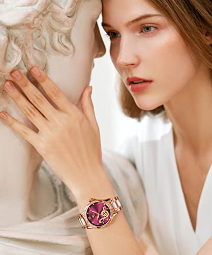 Image of OLEVS Women's Wrist Watches Automatic Red Face Self Winding Watches for Women reloj para Mujer Rose Gold Mechanical Dress Diamond Ladies Waterproof Without Battery Music Note
