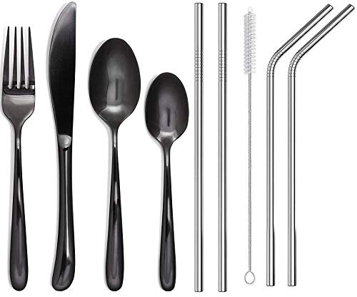 STAR WORK – Stainless Steel Travel Camping Cutlery 4 pcs Flatware Set Including Knife Fork Spoon Cleaning Brush 5 Metal Straws Set,Dishwasher Safe (Total 9 PCS Combo) (Black Spoon with Silver Straw)