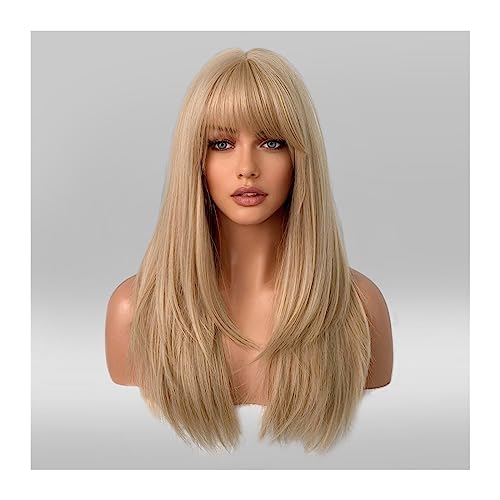 Perruque synthétique blonde femme longue vague de corps avec frange naturelle résistante chaleur
