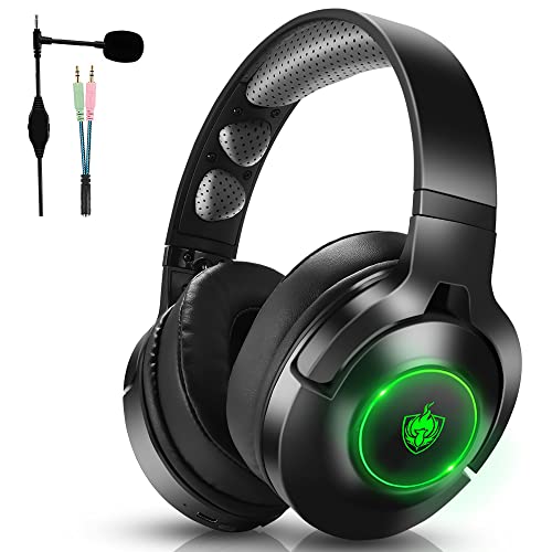 Wireless Over Ear Headphones, PC Gaming Headset for PS4 PS5 PC Xbox One 3.5mm, with Noise-Canceling Mic & 7.1 Stereo Sound, Bluetooth Earphones only for Music/Movie/Travel/Work, up to 40h (Green)