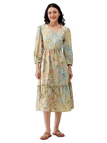 Image of AASK Abstract Printed Puff Sleeve Gathered Detailed Fit Flare Dress