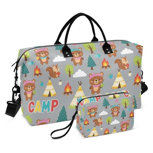 Cartoon Camp Bear Travel Duffel Bag for Men Women with Makeup Bag Weekend Overnight Carry On Bags for Getaway Weekend Travel