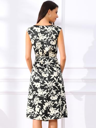 Image of Allegra K Elegant Floral Dress for Women's Vintage Cowl Neck Cap Sleeve Cocktail Tie Waist Shift Midi Dress